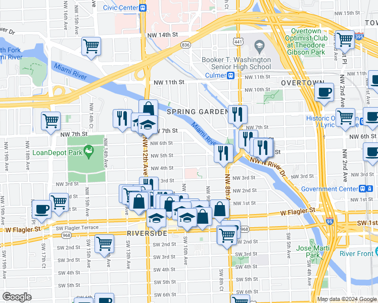 map of restaurants, bars, coffee shops, grocery stores, and more near 970 Northwest 6 Street in Miami