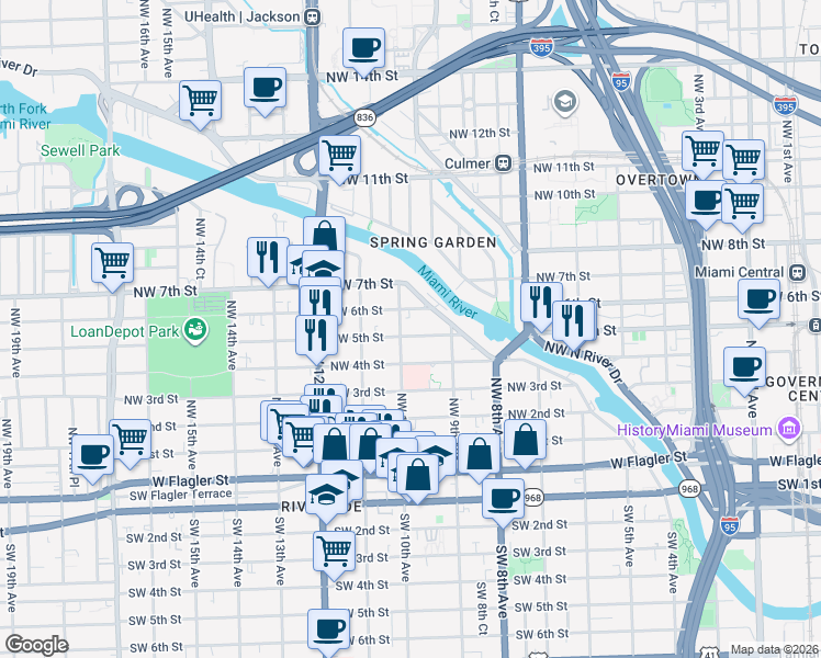 map of restaurants, bars, coffee shops, grocery stores, and more near 970 Northwest 6 Street in Miami