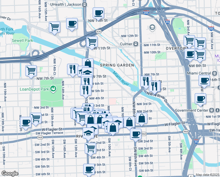 map of restaurants, bars, coffee shops, grocery stores, and more near 970 Northwest 6 Street in Miami