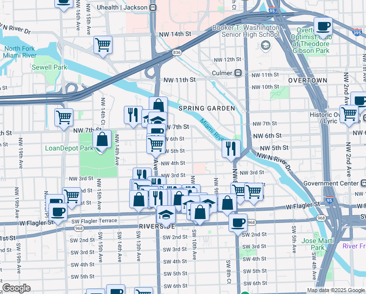 map of restaurants, bars, coffee shops, grocery stores, and more near 1044 Northwest 6 Street in Miami