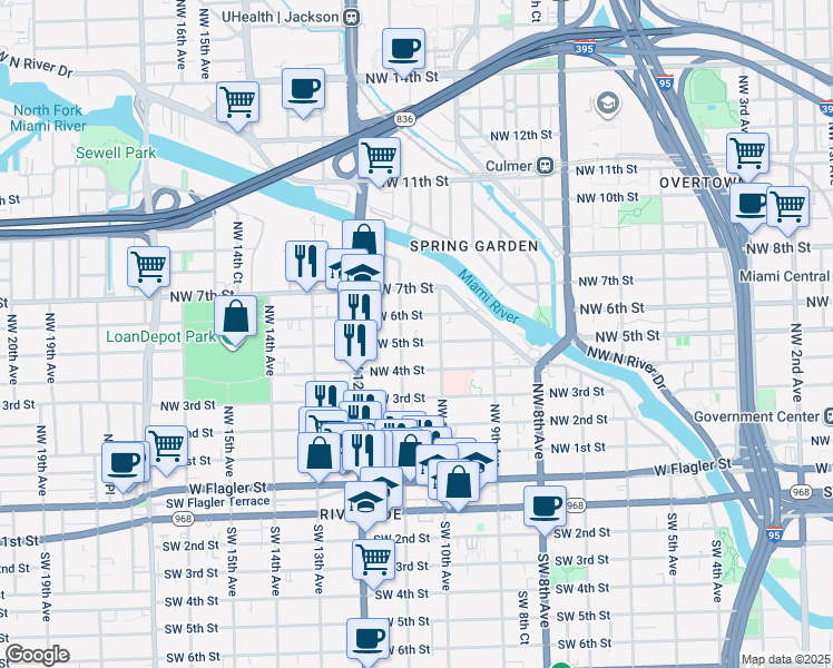 map of restaurants, bars, coffee shops, grocery stores, and more near 1044 Northwest 6 Street in Miami