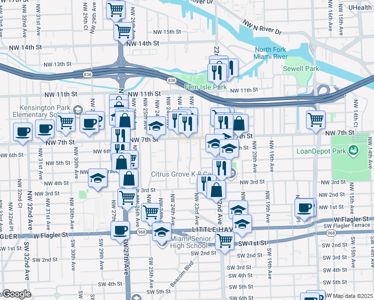 map of restaurants, bars, coffee shops, grocery stores, and more near 611 Northwest 23rd Court in Miami