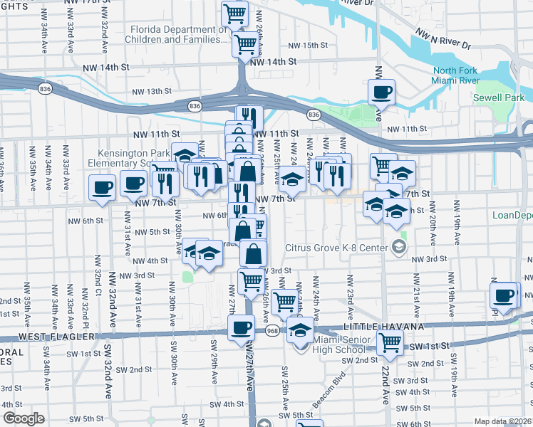 map of restaurants, bars, coffee shops, grocery stores, and more near 632 Northwest 25th Court in Miami