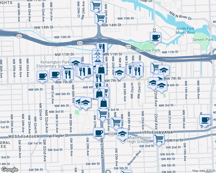 map of restaurants, bars, coffee shops, grocery stores, and more near 632 Northwest 25th Court in Miami