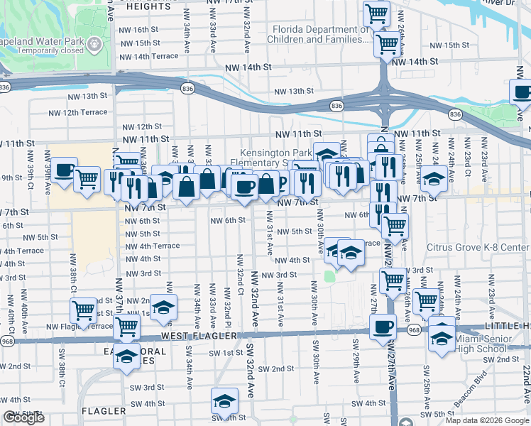 map of restaurants, bars, coffee shops, grocery stores, and more near 3160 Northwest 7th Street in Miami