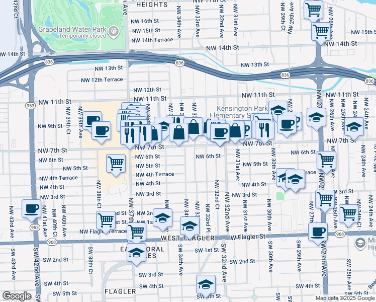 map of restaurants, bars, coffee shops, grocery stores, and more near 3299 Northwest 7th Street in Miami