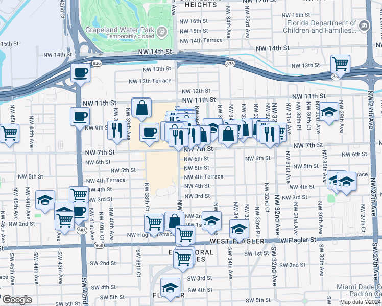 map of restaurants, bars, coffee shops, grocery stores, and more near in Miami