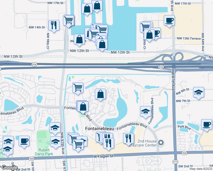 map of restaurants, bars, coffee shops, grocery stores, and more near 9425 Fontainebleau Boulevard in Miami