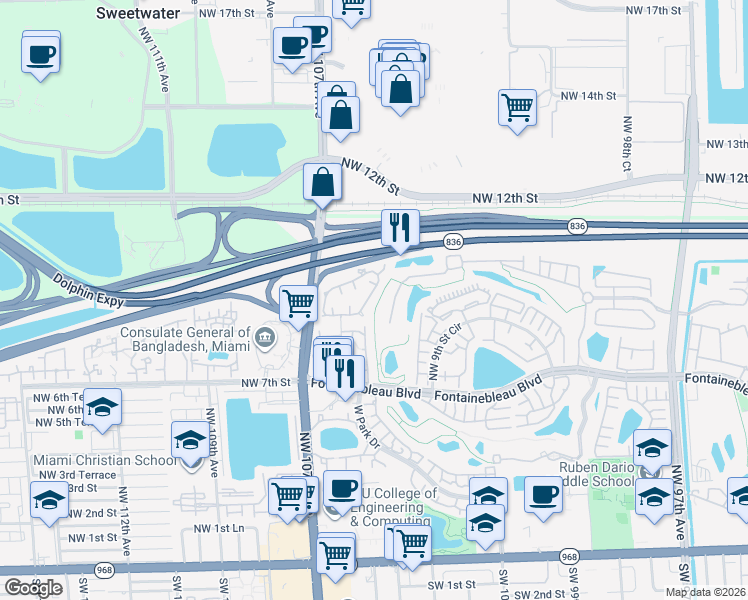 map of restaurants, bars, coffee shops, grocery stores, and more near 946 Northwest 106th Avenue Circle in Miami