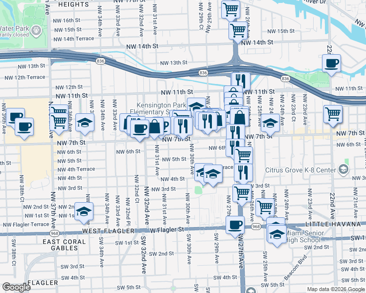 map of restaurants, bars, coffee shops, grocery stores, and more near 3014 Northwest 7th Street in Miami