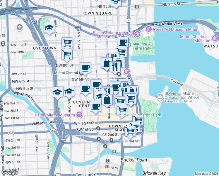 map of restaurants, bars, coffee shops, grocery stores, and more near 7 Northeast 5th Street in Miami