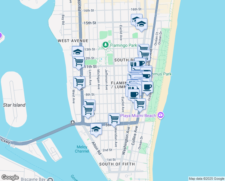 map of restaurants, bars, coffee shops, grocery stores, and more near in Miami Beach