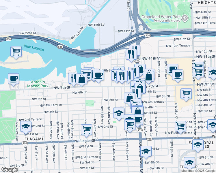 map of restaurants, bars, coffee shops, grocery stores, and more near 4400 Northwest 7th Street in Miami