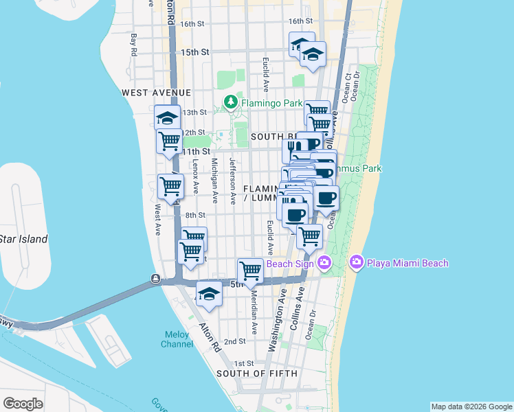 map of restaurants, bars, coffee shops, grocery stores, and more near 835 Meridian Avenue in Miami Beach