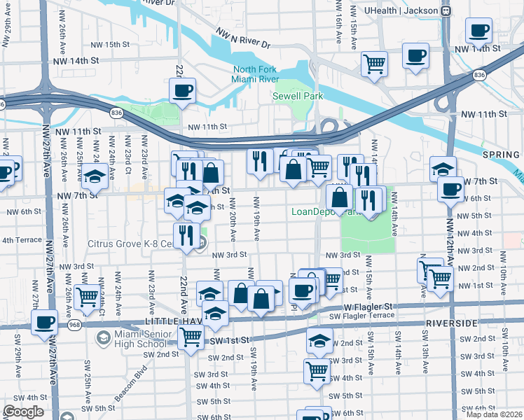 map of restaurants, bars, coffee shops, grocery stores, and more near 1864 Northwest 6 Street in Miami