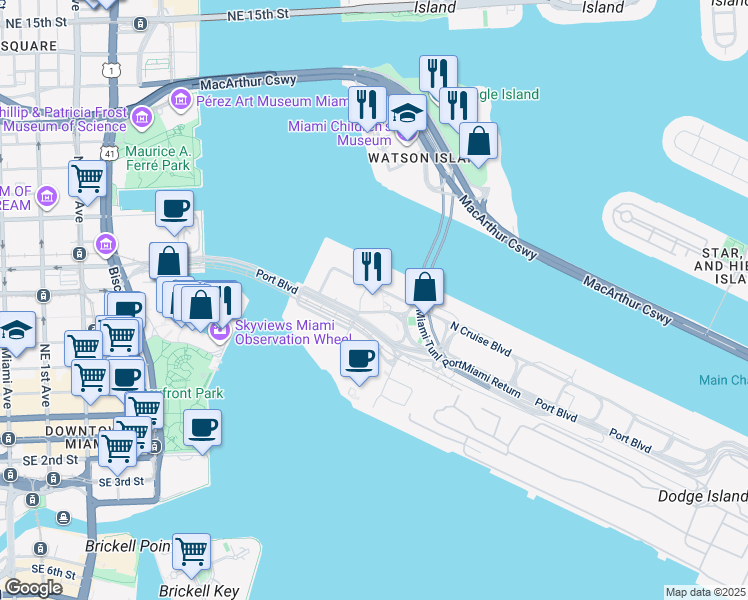 map of restaurants, bars, coffee shops, grocery stores, and more near 1015 North America Way in Miami