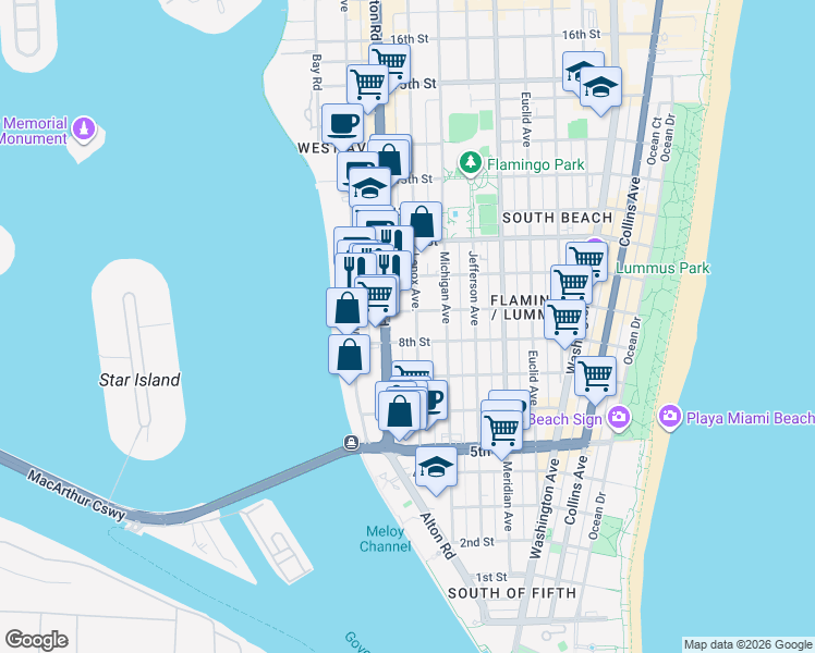 map of restaurants, bars, coffee shops, grocery stores, and more near 835 Alton Road in Miami Beach