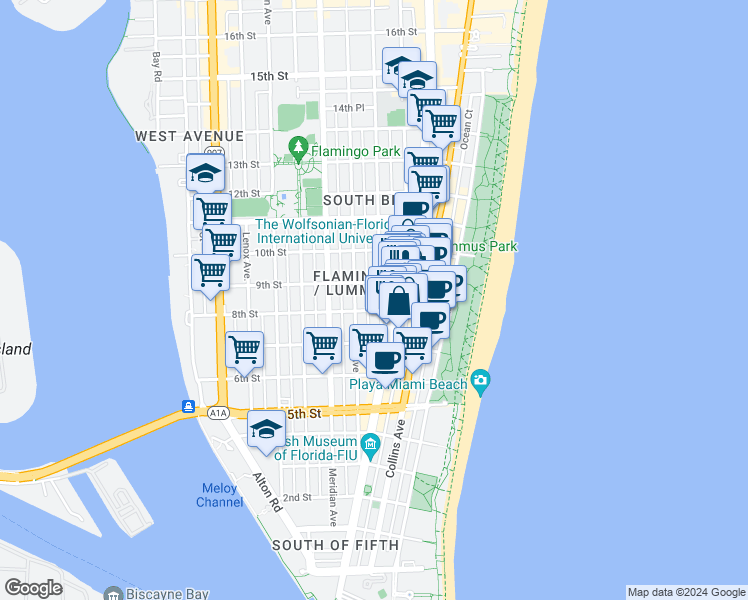 map of restaurants, bars, coffee shops, grocery stores, and more near 818 Pennsylvania Avenue in Miami Beach