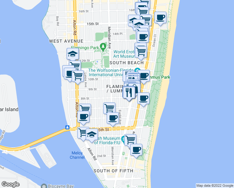 map of restaurants, bars, coffee shops, grocery stores, and more near in Miami Beach