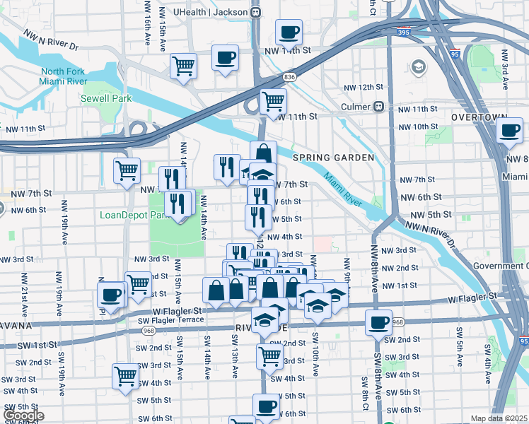 map of restaurants, bars, coffee shops, grocery stores, and more near 1142 Northwest 6 Street in Miami