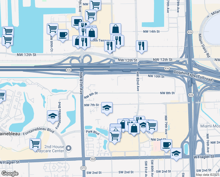 map of restaurants, bars, coffee shops, grocery stores, and more near 8425 Northwest 8th Street in Miami