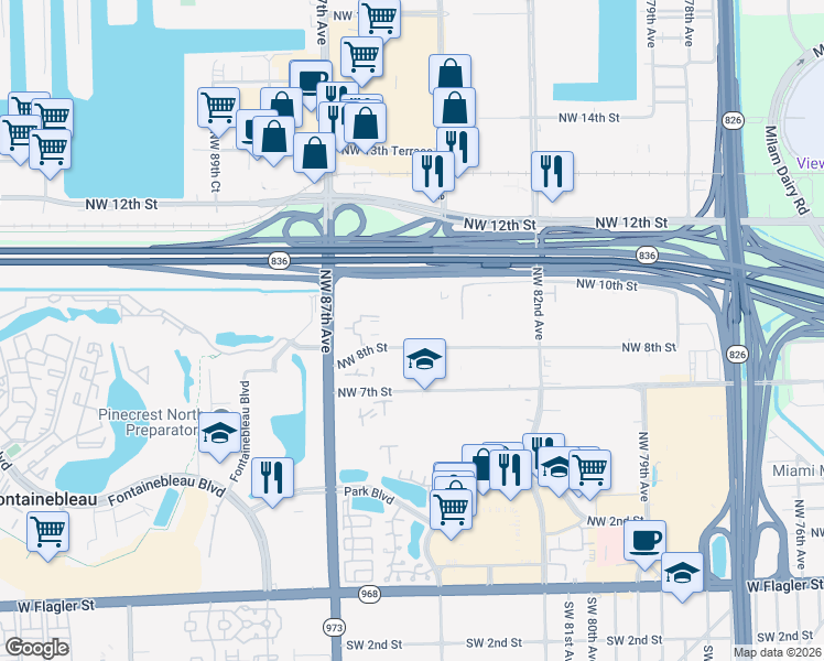 map of restaurants, bars, coffee shops, grocery stores, and more near 8405 Northwest 8th Street in Miami