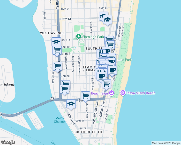map of restaurants, bars, coffee shops, grocery stores, and more near 835 Meridian Avenue in Miami Beach