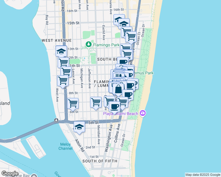 map of restaurants, bars, coffee shops, grocery stores, and more near in Miami Beach