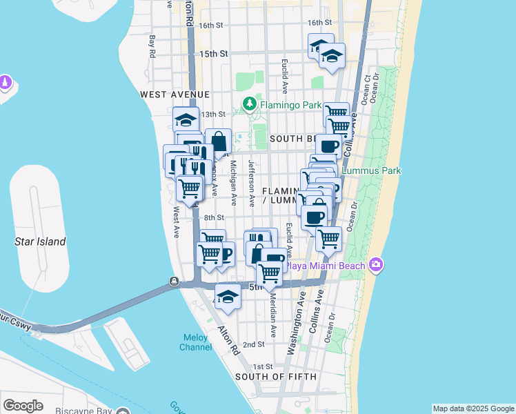 map of restaurants, bars, coffee shops, grocery stores, and more near 840 Jefferson Avenue in Miami Beach