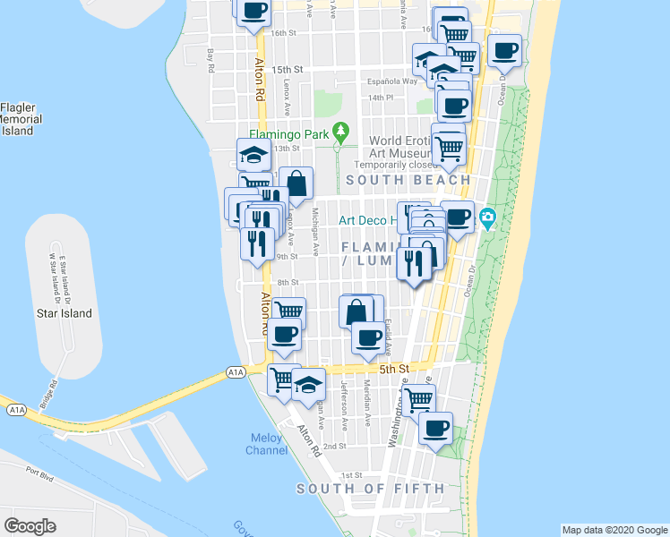 map of restaurants, bars, coffee shops, grocery stores, and more near 840 Jefferson Avenue in Miami Beach
