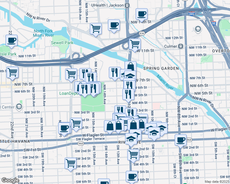 map of restaurants, bars, coffee shops, grocery stores, and more near 1318 Northwest 6 Street in Miami