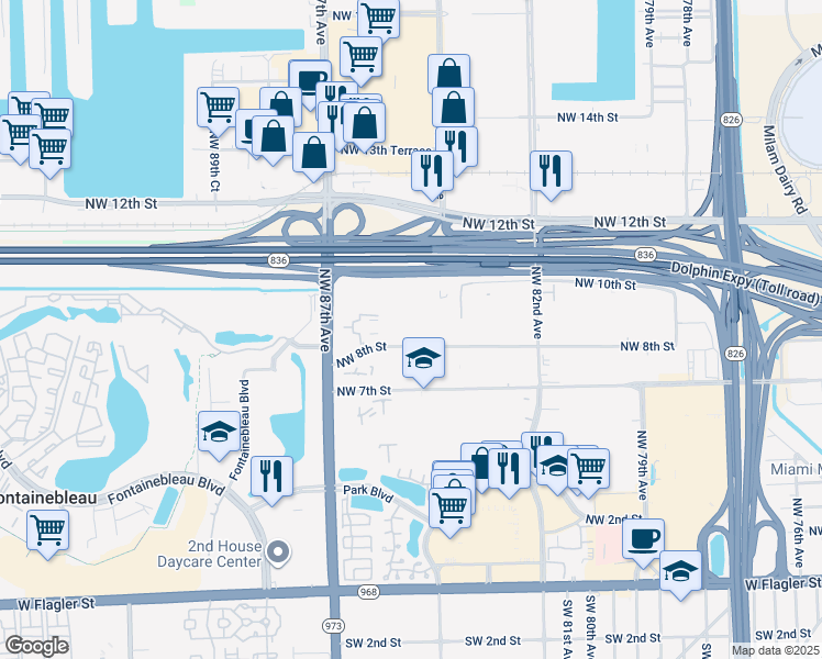 map of restaurants, bars, coffee shops, grocery stores, and more near 8405 Northwest 8th Street in Miami