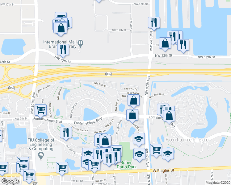 map of restaurants, bars, coffee shops, grocery stores, and more near 9924 Northwest 10th Street in Miami