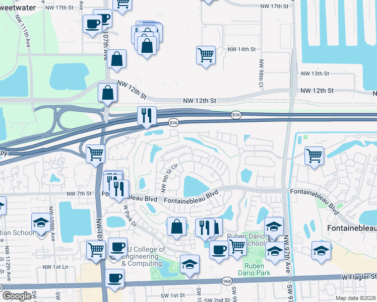 map of restaurants, bars, coffee shops, grocery stores, and more near 10255 Northwest 9th Street Circle in Miami