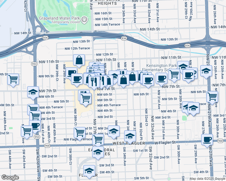 map of restaurants, bars, coffee shops, grocery stores, and more near 3500 Northwest 7th Street in Miami