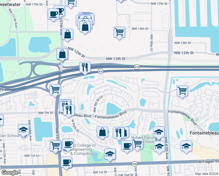map of restaurants, bars, coffee shops, grocery stores, and more near 10255 Northwest 9th Street Circle in Miami