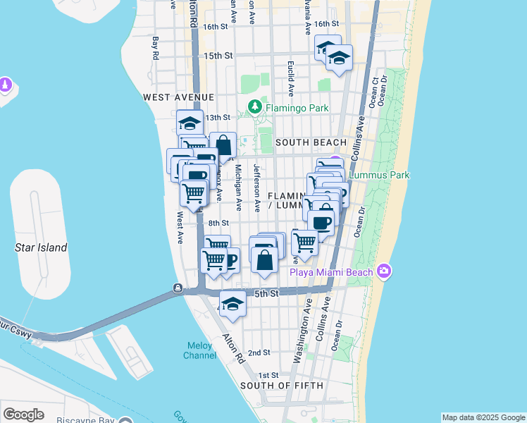 map of restaurants, bars, coffee shops, grocery stores, and more near 825 Jefferson Avenue in Miami Beach