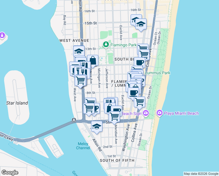 map of restaurants, bars, coffee shops, grocery stores, and more near 840 Jefferson Avenue in Miami Beach