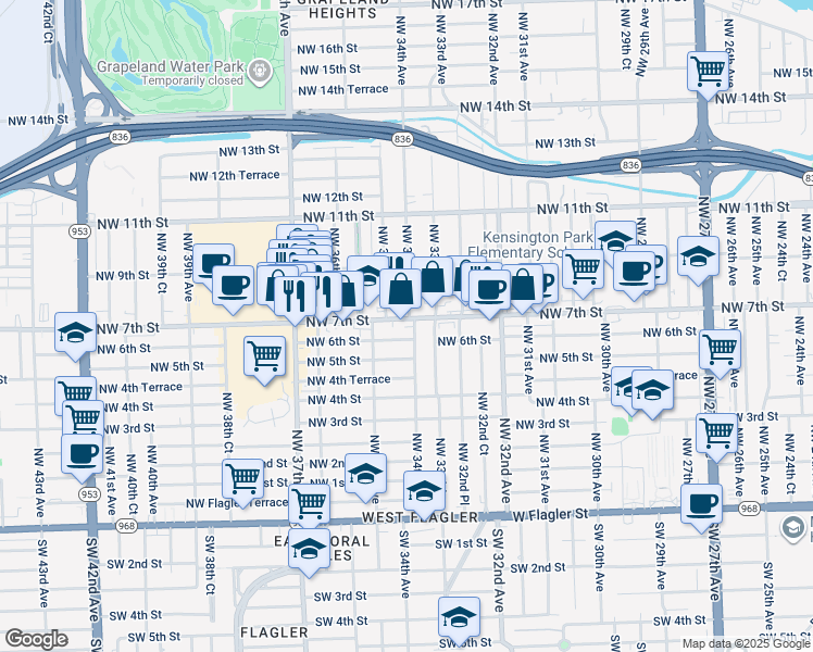 map of restaurants, bars, coffee shops, grocery stores, and more near 3440 Northwest 7th Street in Miami