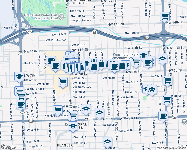map of restaurants, bars, coffee shops, grocery stores, and more near 3440 Northwest 7th Street in Miami