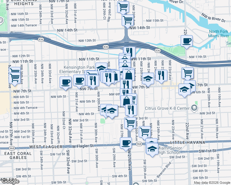 map of restaurants, bars, coffee shops, grocery stores, and more near 2769 Northwest 6 Street in Miami
