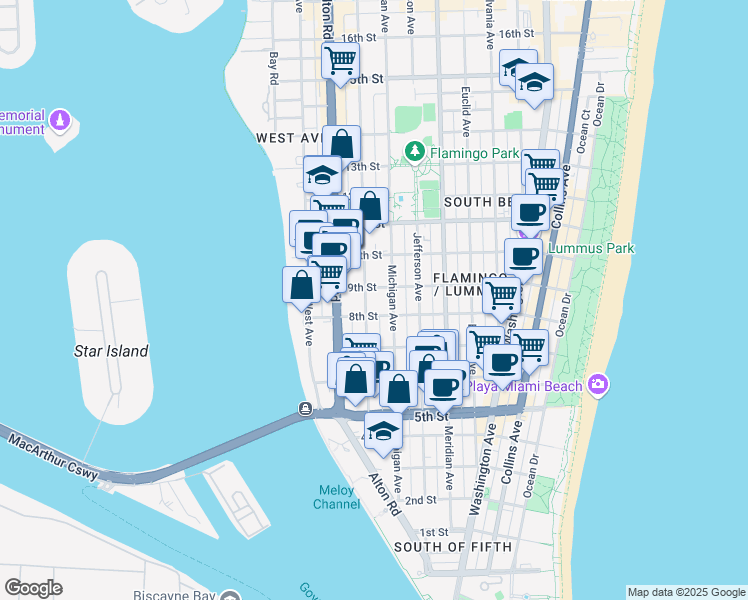 map of restaurants, bars, coffee shops, grocery stores, and more near 840 Michigan Avenue in Miami Beach