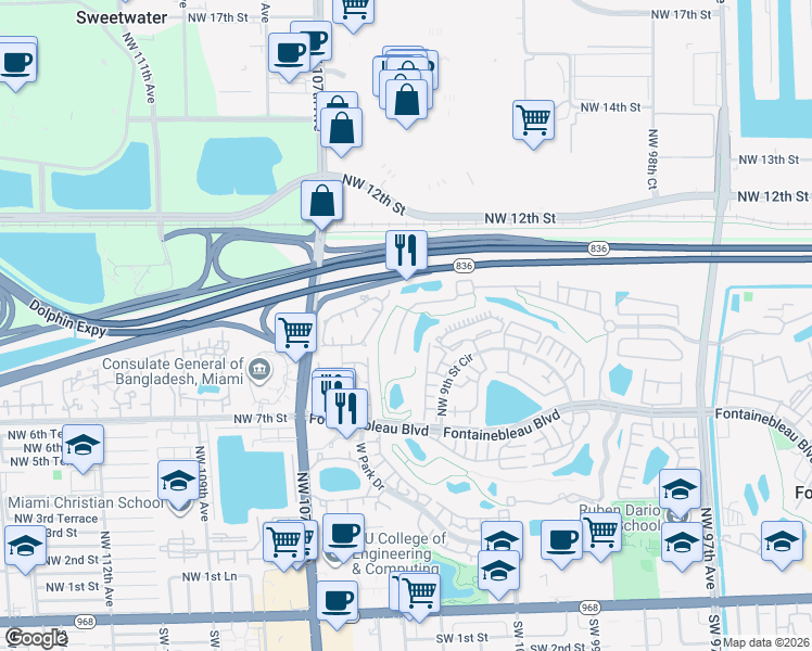 map of restaurants, bars, coffee shops, grocery stores, and more near 917 Northwest 104 Avenue in Miami