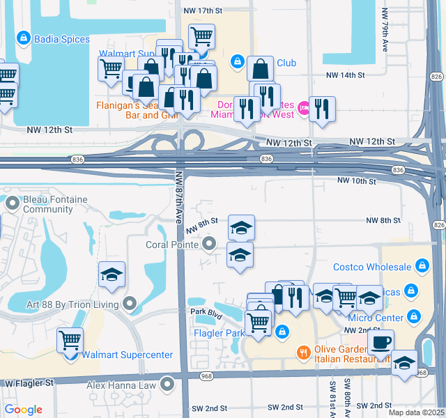 map of restaurants, bars, coffee shops, grocery stores, and more near 8405 Northwest 8th Street in Miami