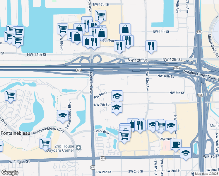 map of restaurants, bars, coffee shops, grocery stores, and more near 8405 Northwest 8th Street in Miami