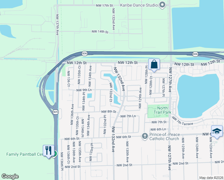 map of restaurants, bars, coffee shops, grocery stores, and more near 13600 Northwest 9th Street in Miami