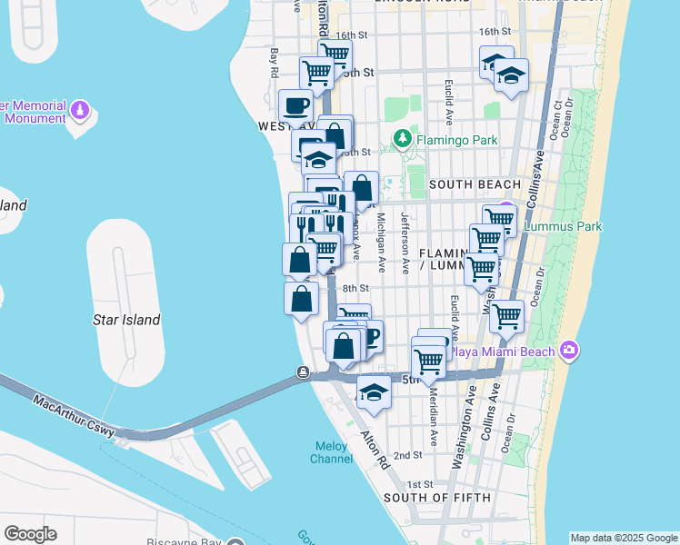 map of restaurants, bars, coffee shops, grocery stores, and more near 835 Alton Road in Miami Beach