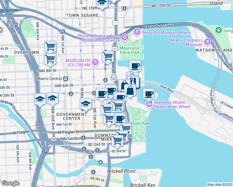 map of restaurants, bars, coffee shops, grocery stores, and more near 375 Biscayne Boulevard in Miami