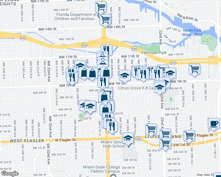 map of restaurants, bars, coffee shops, grocery stores, and more near 616 Northwest 26th Avenue in Miami