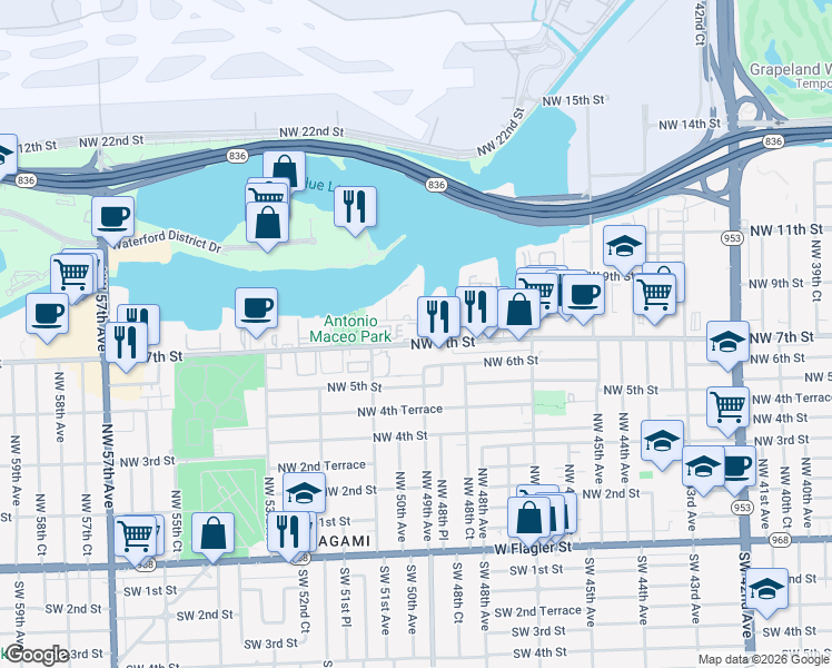 map of restaurants, bars, coffee shops, grocery stores, and more near 5033 Northwest 7th Street in Miami